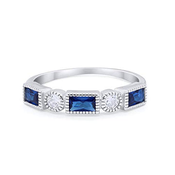 Alternating Baguette Ring Simulated Blue Sapphire CZ 925 Sterling Silver